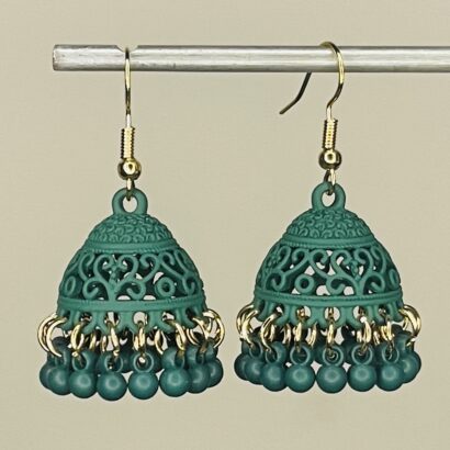 Pair of handcrafted Forest Green jhumka earrings with intricate floral design and dangling pink beads, featuring golden hooks and no golden bead detailing.