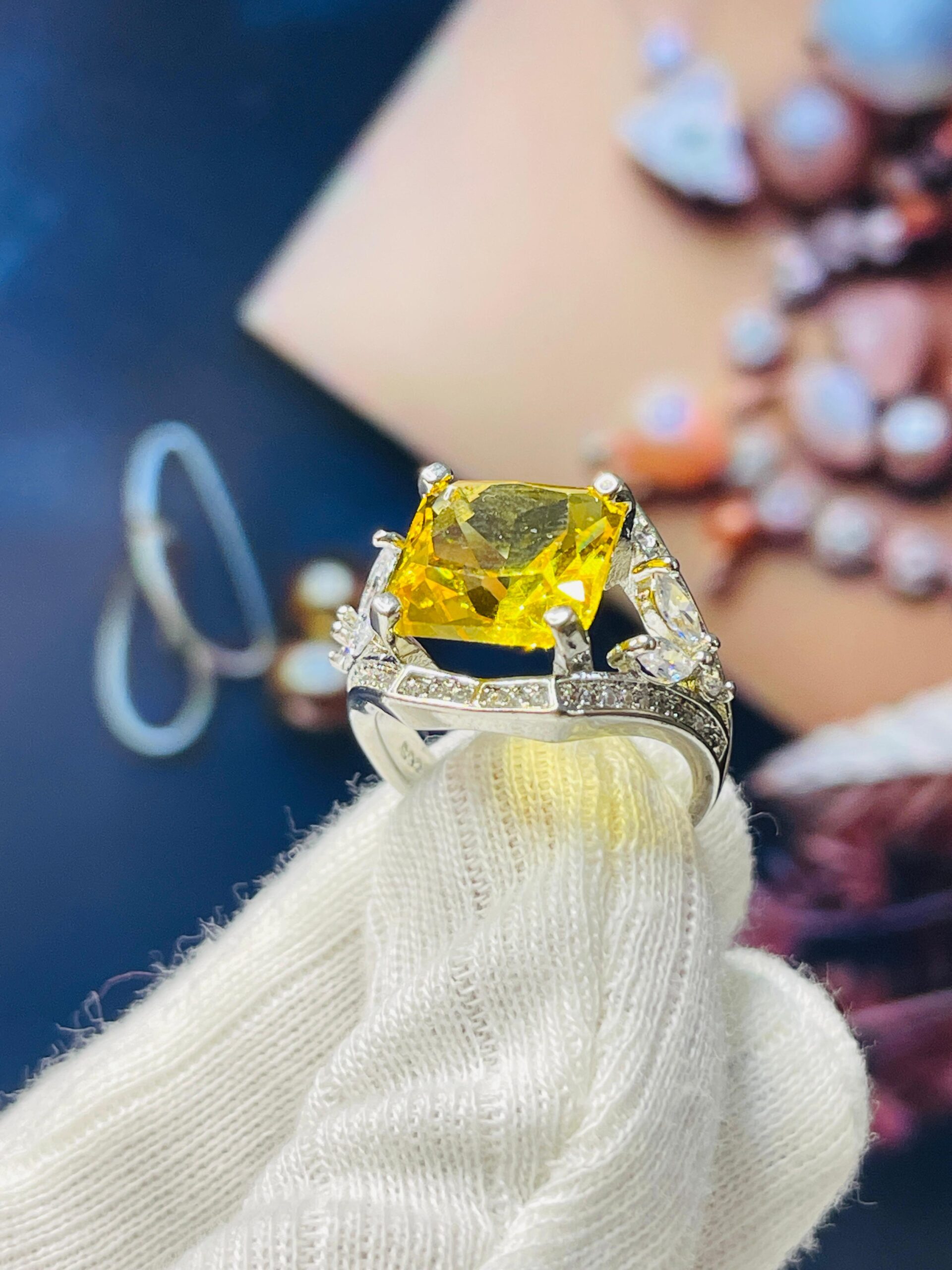 BEAUTIFUL YELLOW ZIRCON DIAMOND SHAPE STONE w/ White CZ, Size 10 Engraved AUDREY