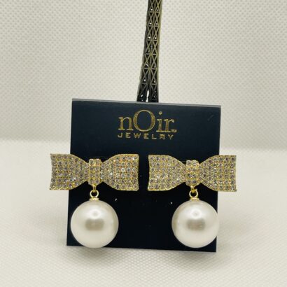 Gold Bow & Pearl Drop Earrings – Elegant Crystal & Pearl Jewelry