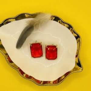 Square Cut Red Gemstone Stud Earrings with Gold Plated Setting