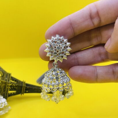 Chic silver jhumka earrings with a matching maang tikka, decorated with sparkling crystals. Perfect for parties, festive occasions, and traditional outfits.