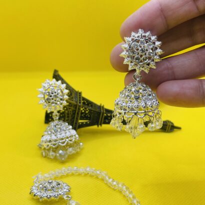"Elegant silver jhumka earrings with matching maang tikka set, embellished with crystals – perfect for party and festive wear"