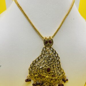 "Traditional kundan pendant necklace with red stone beads and golden chain – ethnic party and festive jewelry for women"