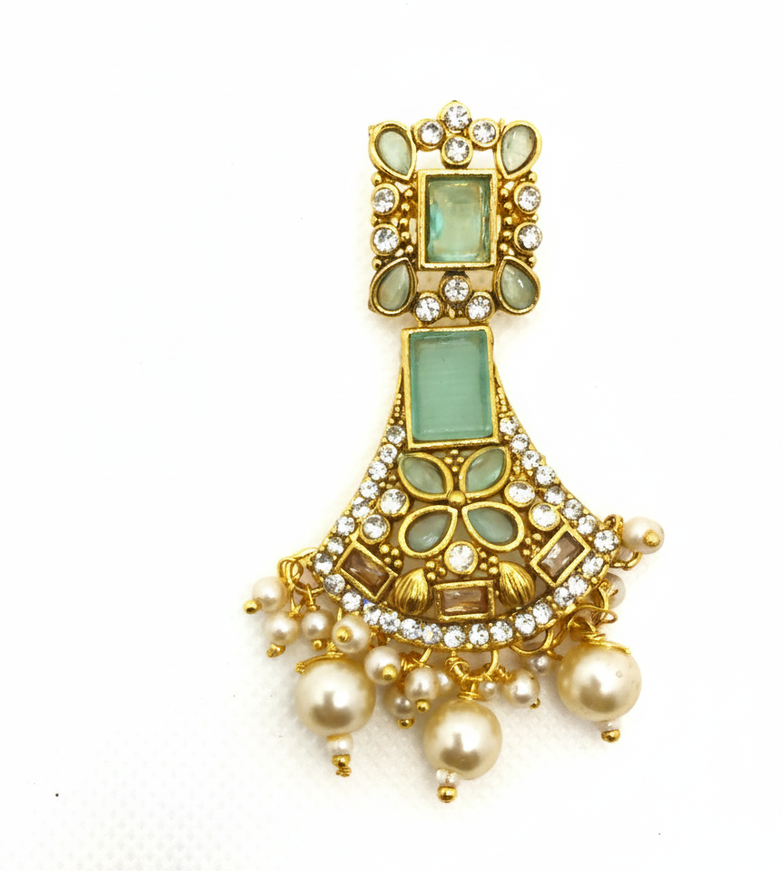 Regal Mint Green and Pearl Layered Choker Set with Maang Tikka