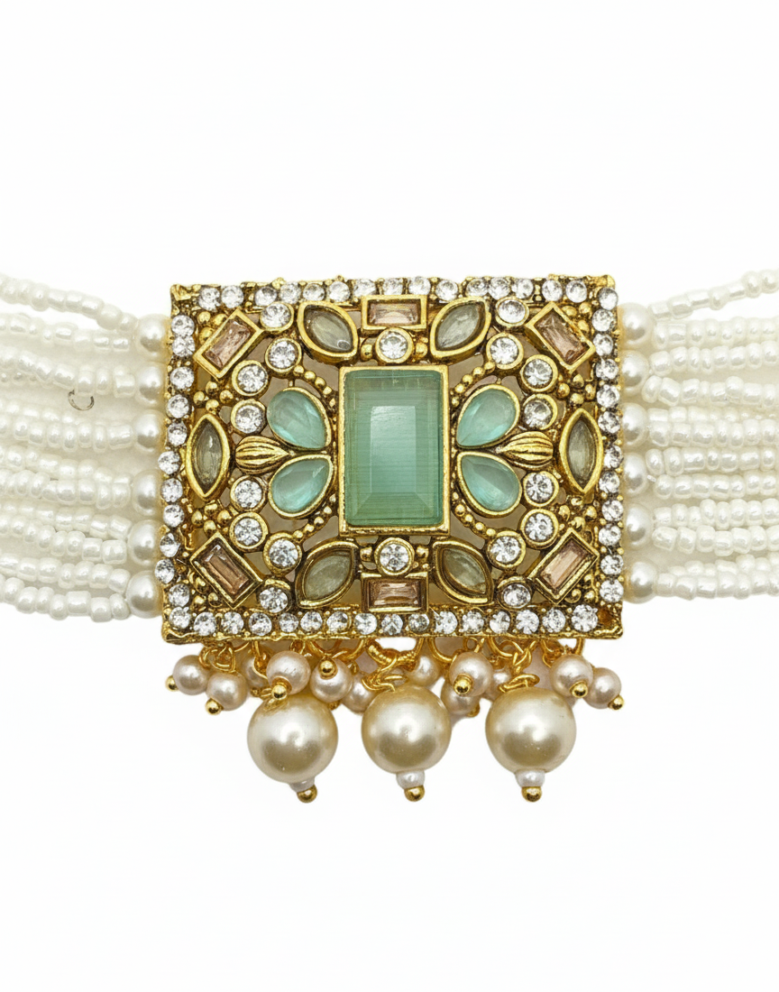 Regal Mint Green and Pearl Layered Choker Set with Maang Tikka