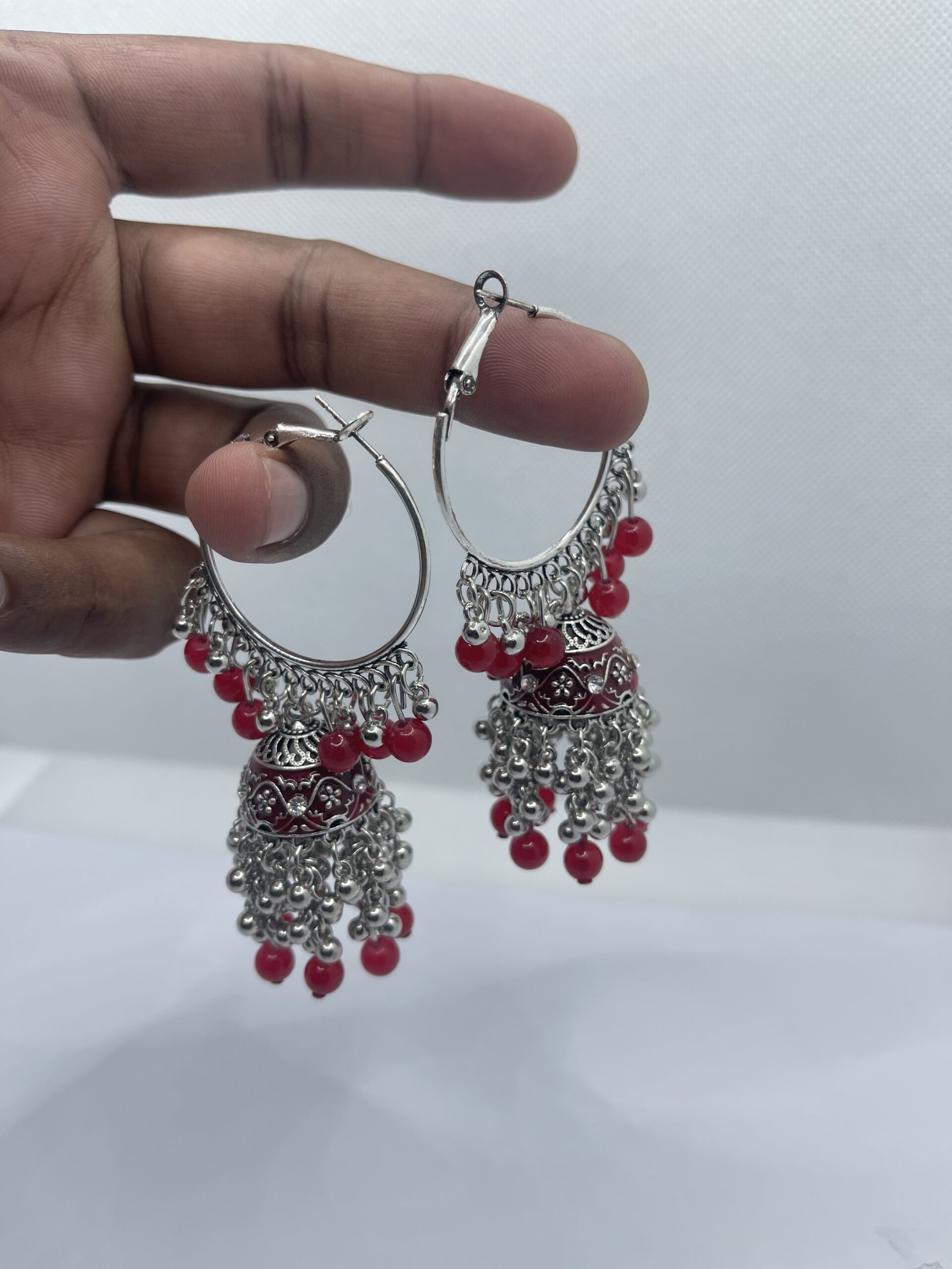 Traditional Red Bead Silver Jhumka Hoop Earrings