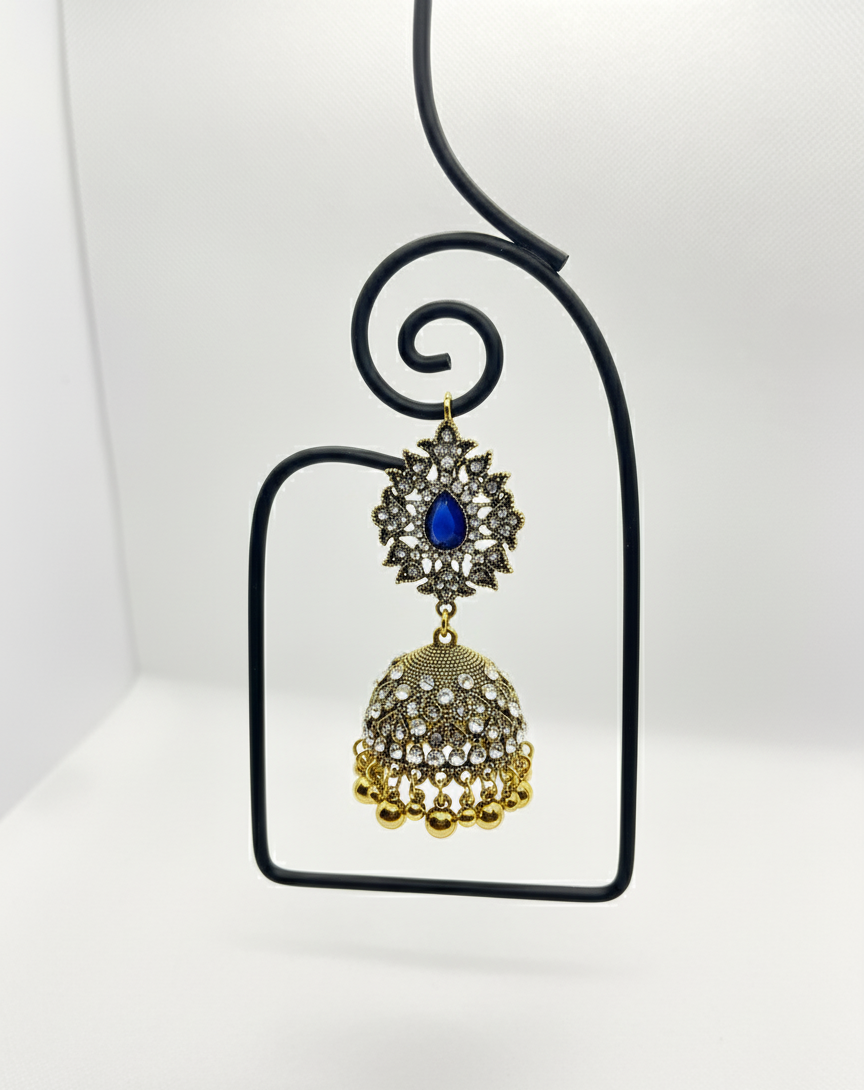 Stunning Jhumka Earrings and Maang Tikka Set with Royal Blue Stone