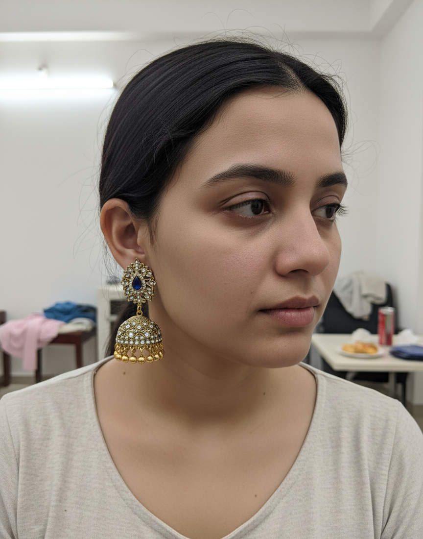 Stunning Jhumka Earrings and Maang Tikka Set with Royal Blue Stone