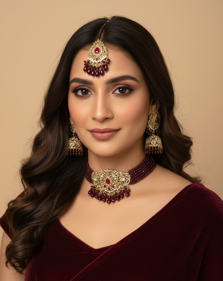 Classic Ruby Red Beaded Choker Set with Jhumka Earrings and Tikka