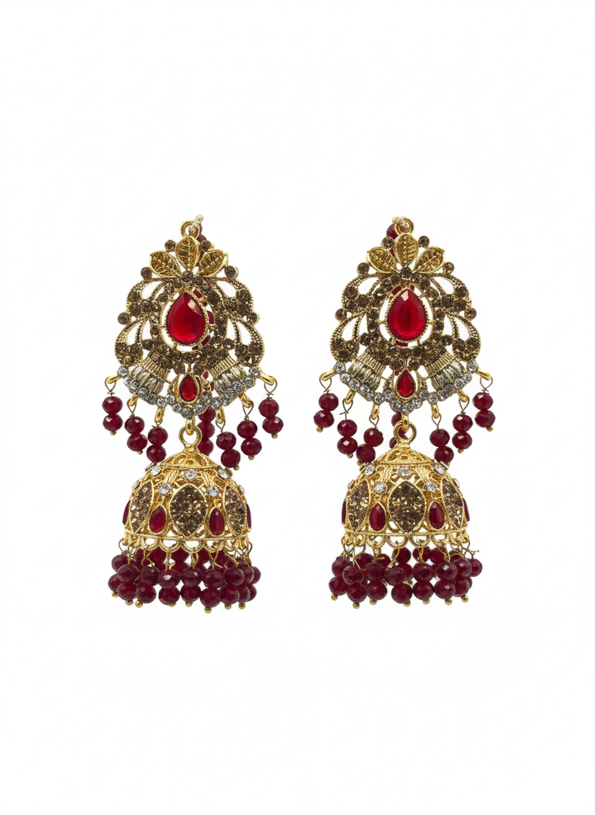 Classic Ruby Red Beaded Choker Set with Jhumka Earrings and Tikka