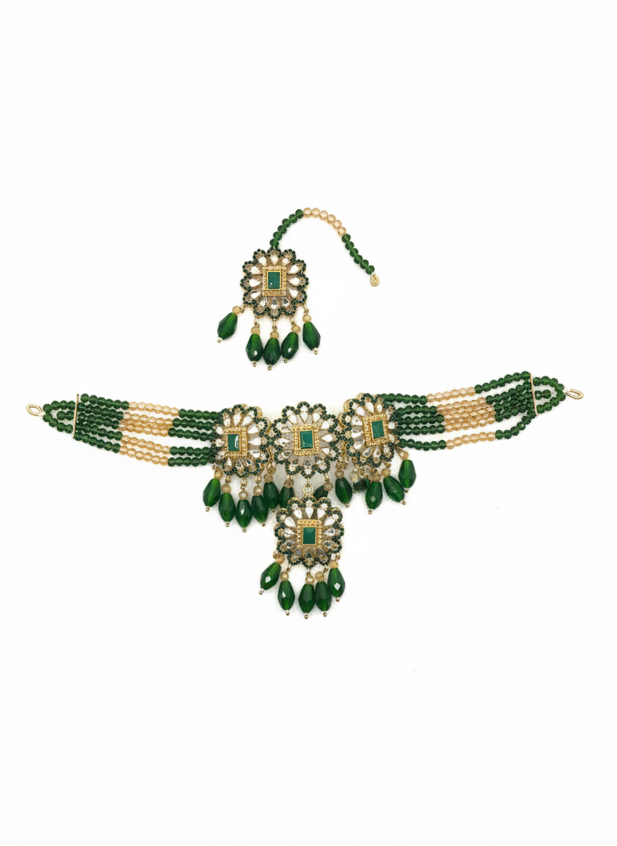 Regal Emerald & Antique Finish Imitation Green Choker Set