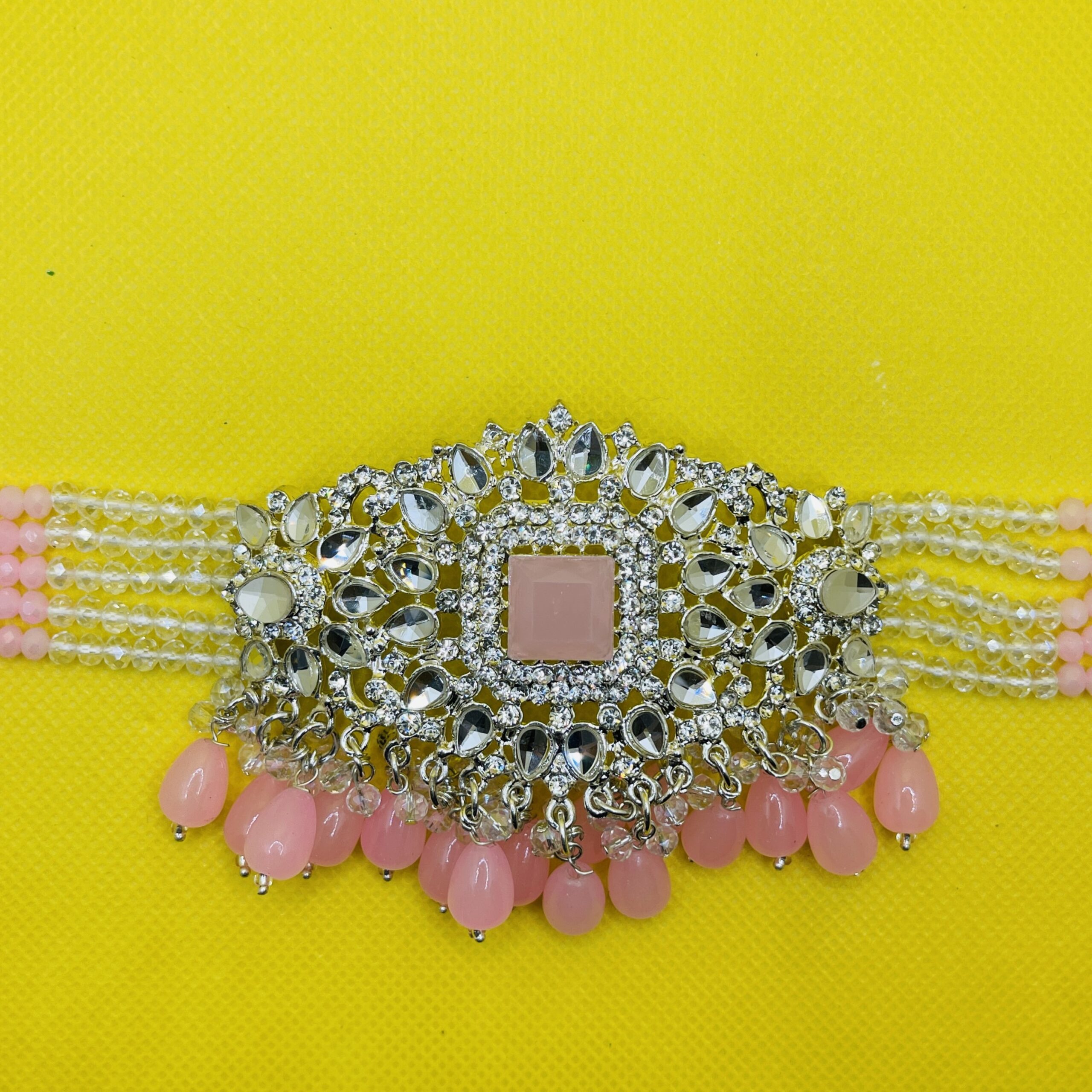 Ethnic Kundan Style Choker Set with Pink Jhumka Earrings & Maang Tikka