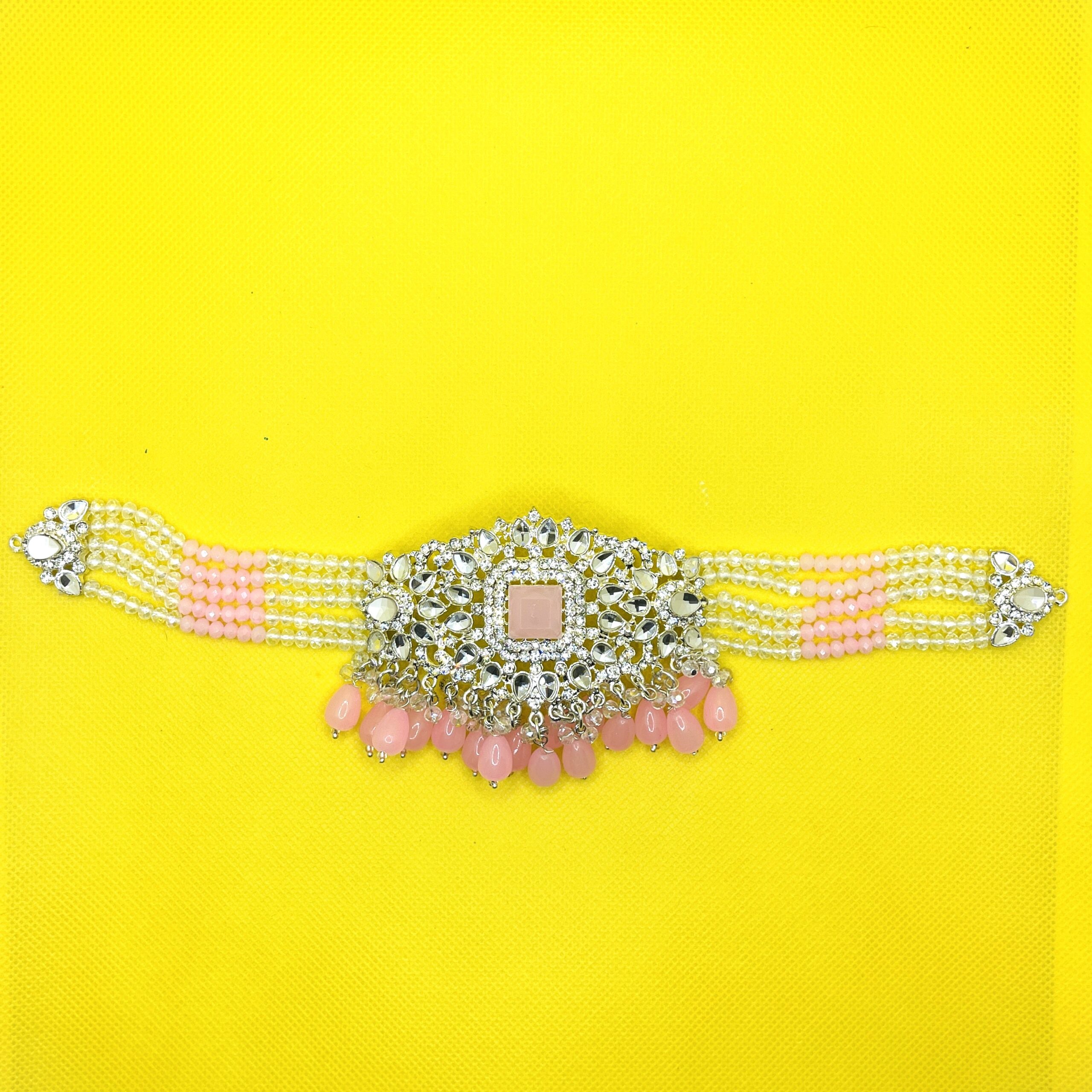 Ethnic Kundan Style Choker Set with Pink Jhumka Earrings & Maang Tikka